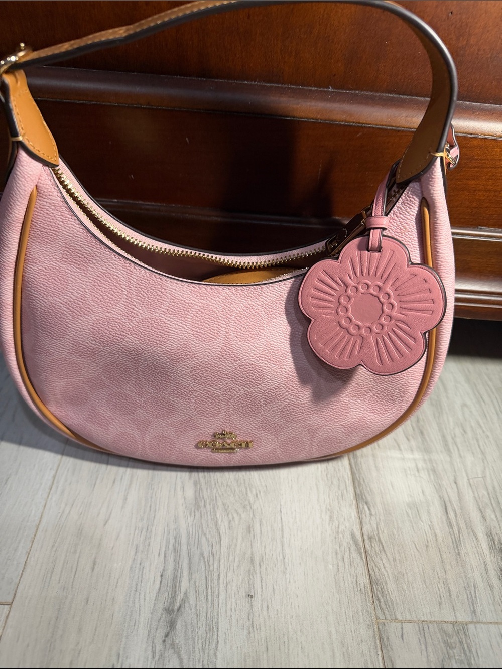 Coach Pink Pebbled Leather Hobo with Tan Trim and Flower Charm